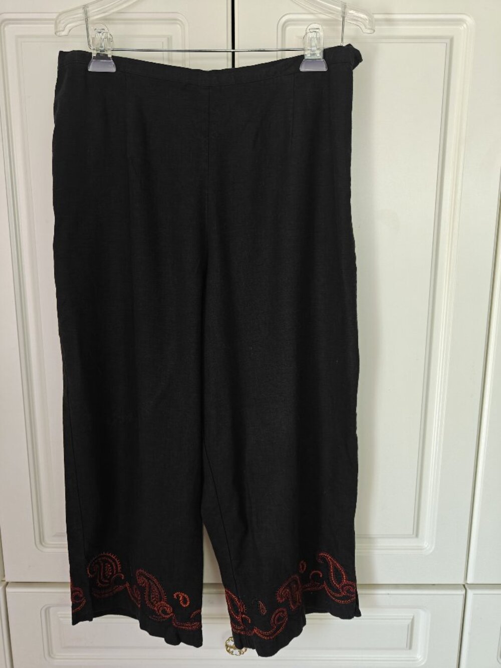 John Picard Black with orange embroidered Capri Pants, Size Large, New